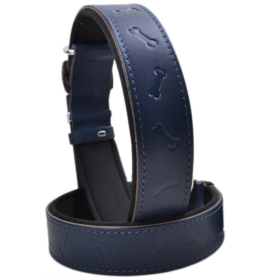 GogiPet 3D Comfort Leather Dog Collar Blue with Bone