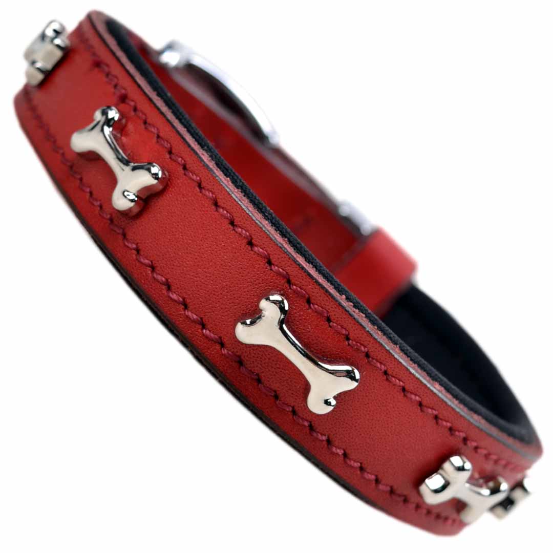 Bone dog collar red made of real leather with perfect wearing comfort