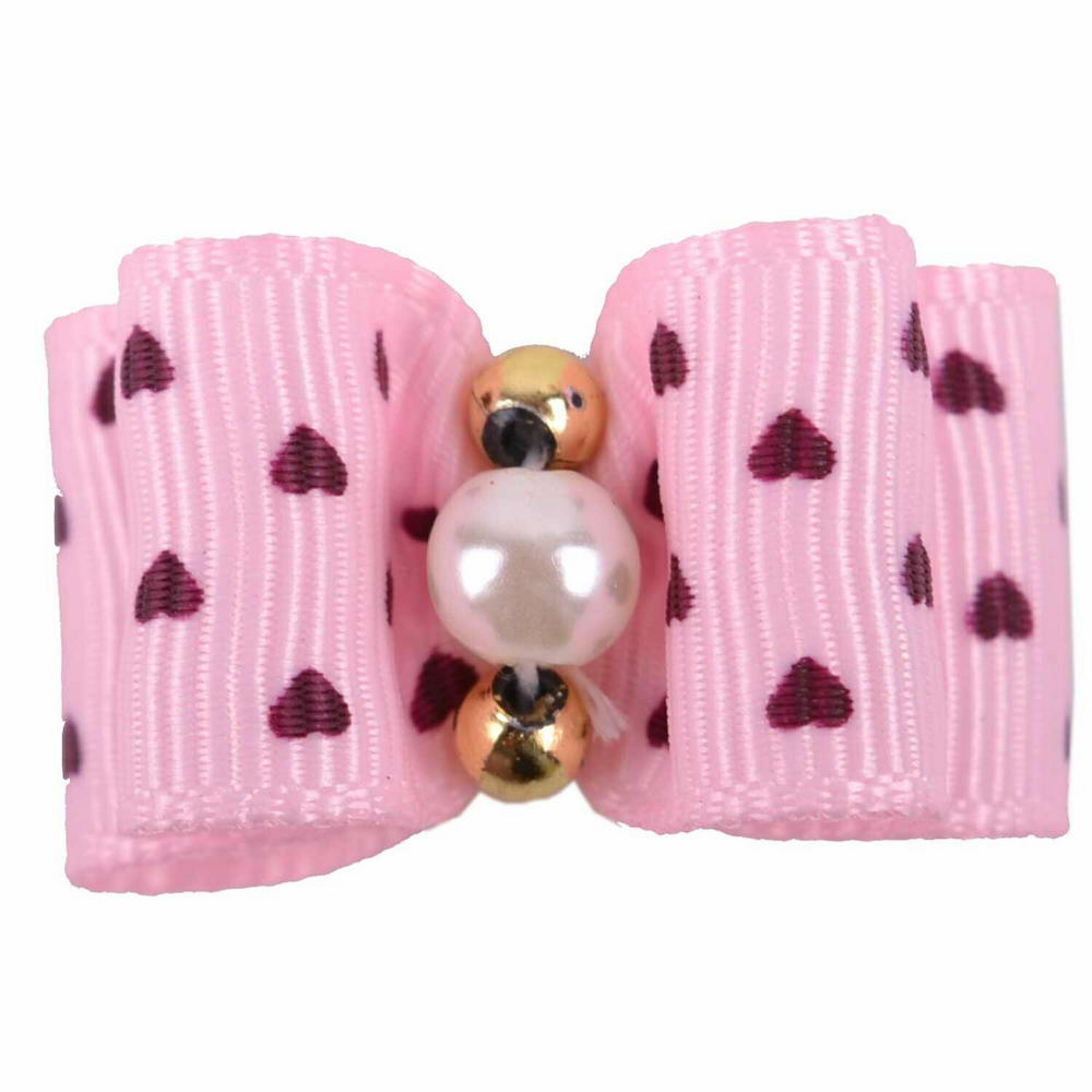 GogiPet dog bow of the Pink Lilly series with pearls and hearts