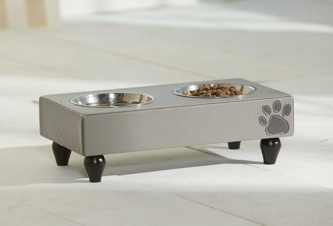 Designer feed station with 2 food bowls for dogs and cats
