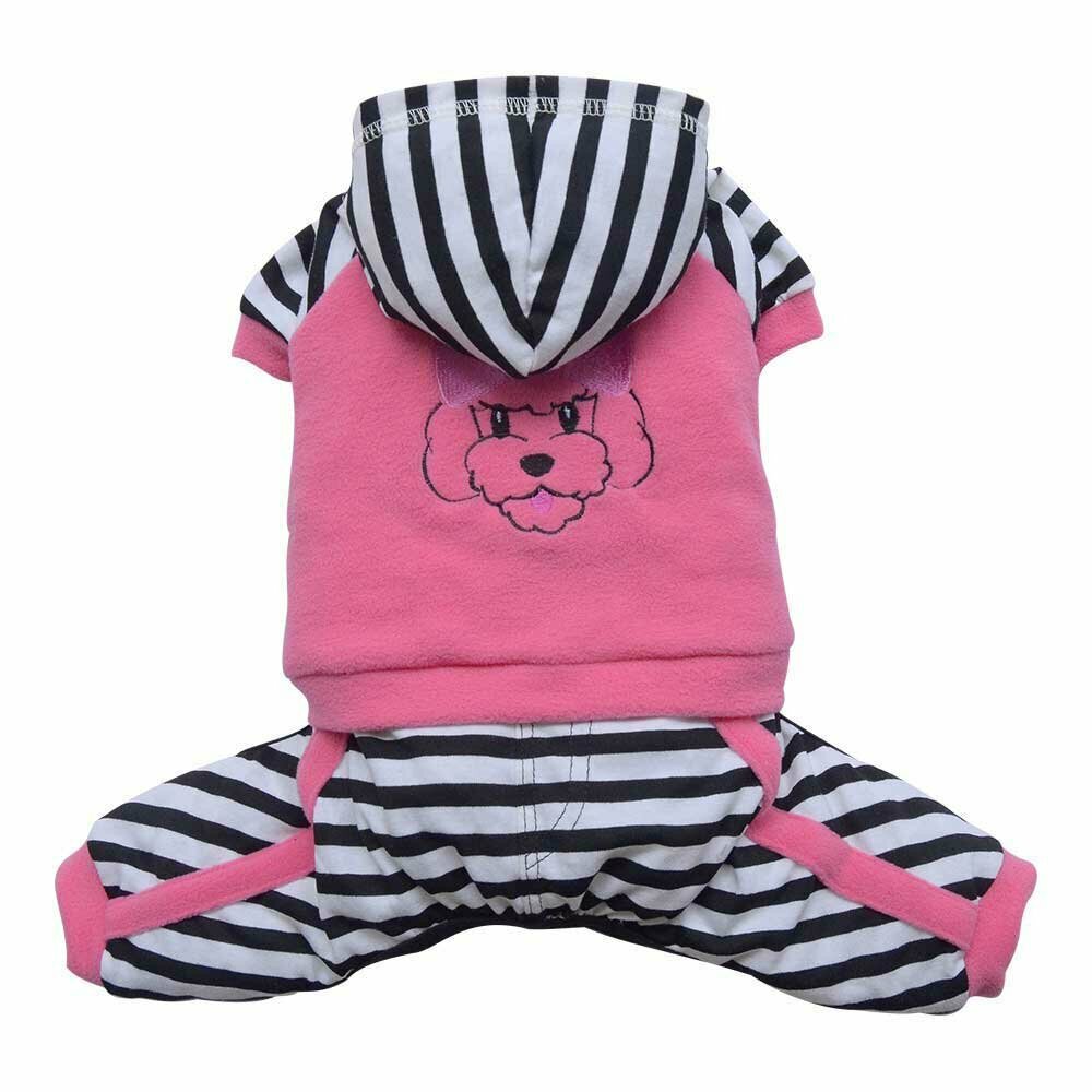 pink dog overall with Gest ripe tern trousers and striped hood by DoggyDolly - warm dog clothes for winter