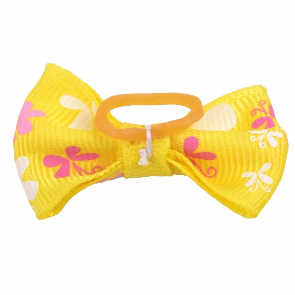 Dog hair bow rubberring bright yellow with flowers by GogiPet