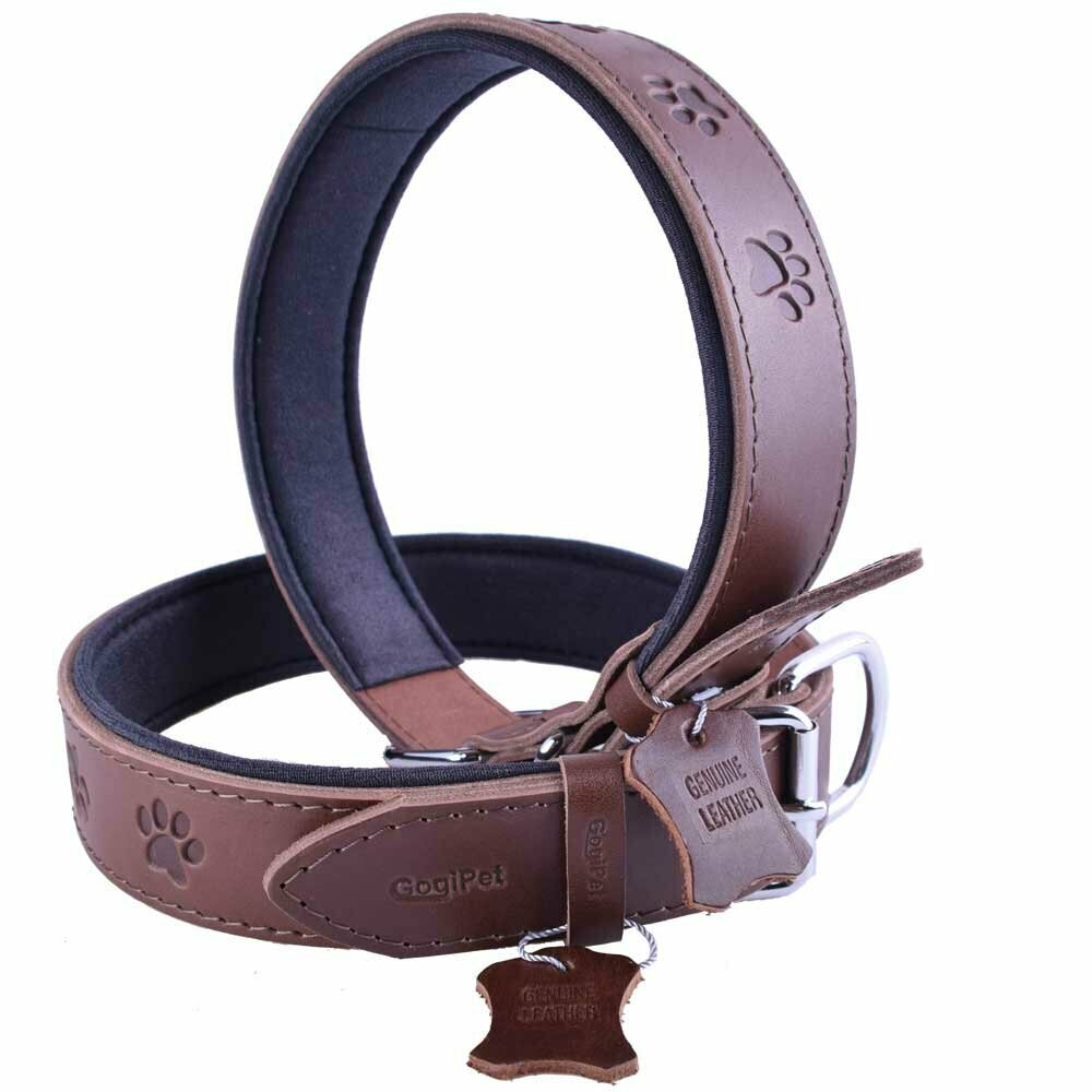 GogiPet® Leather dog collar brown with paws 75 cm