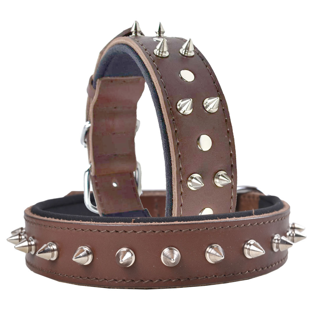 GogiPet® genuine leather spike dog collar brown