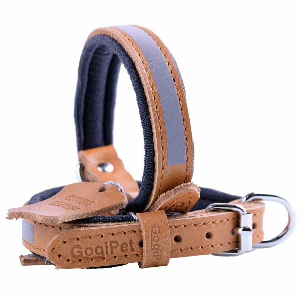 Reflector leather dog collar camel brown