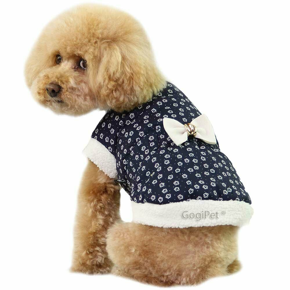Warm dog coat with blue flowers and polka dots