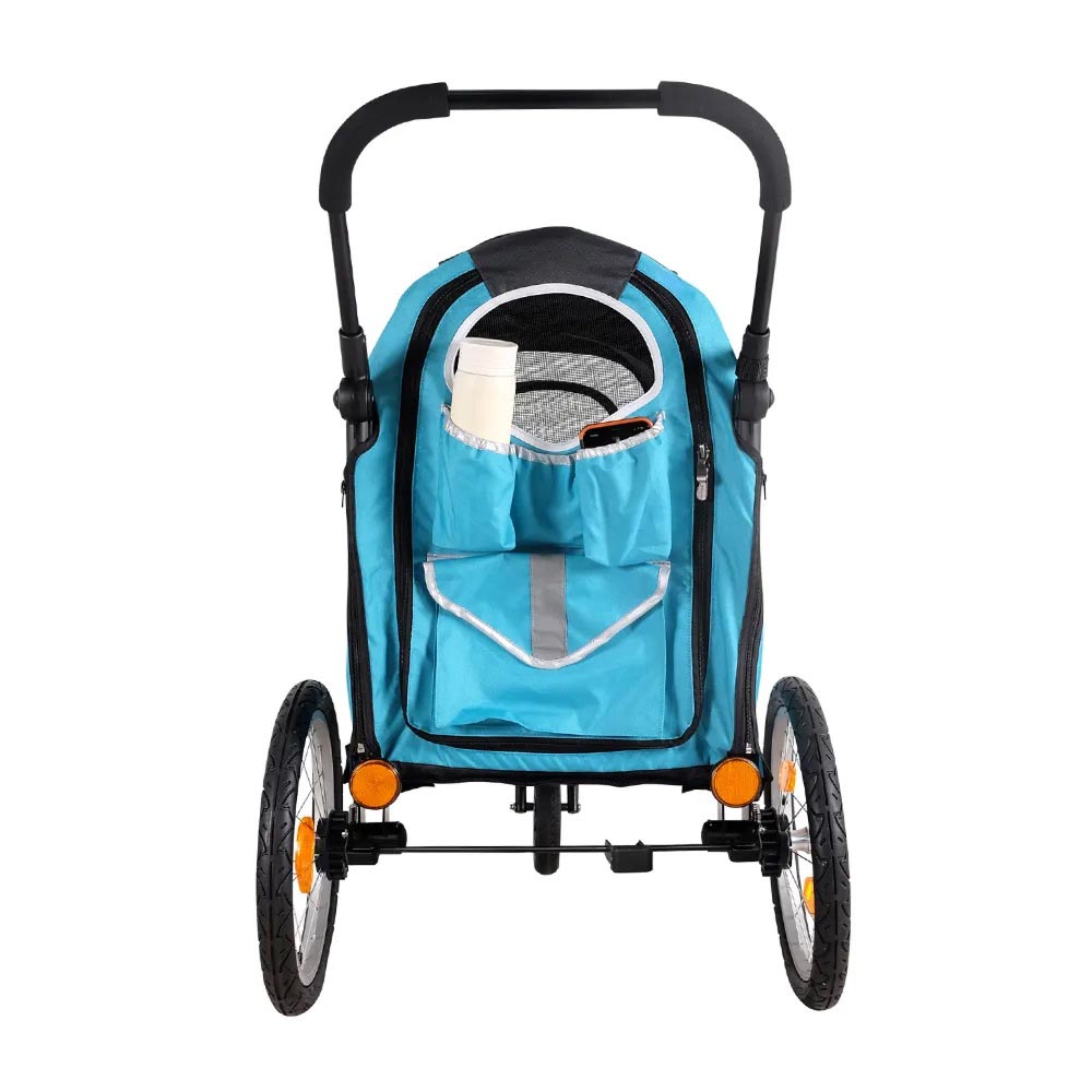 Spacious dog carrier with 3 wheels and single parking brake