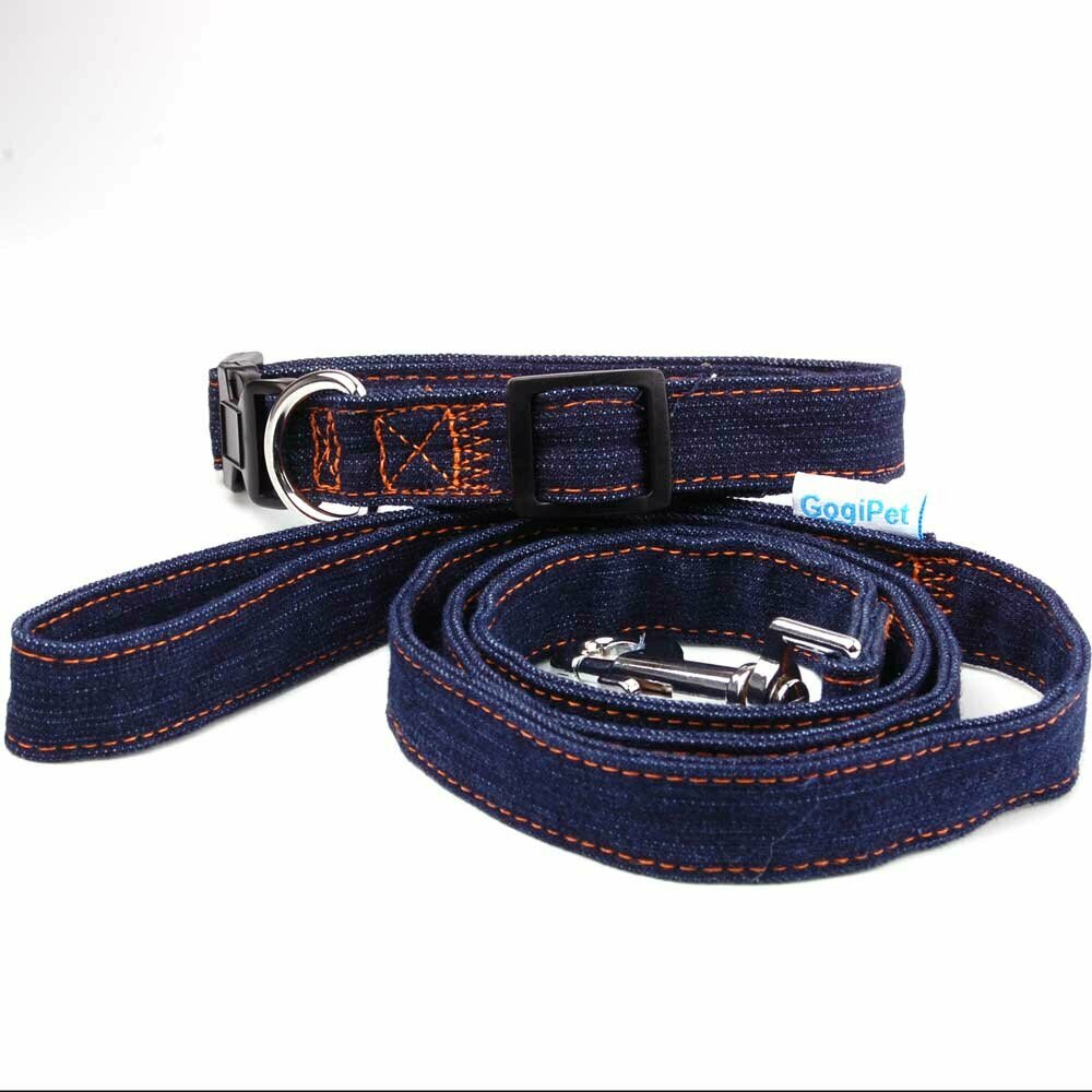 GogiPet ® Blue Jeans dog collar and dog leash set