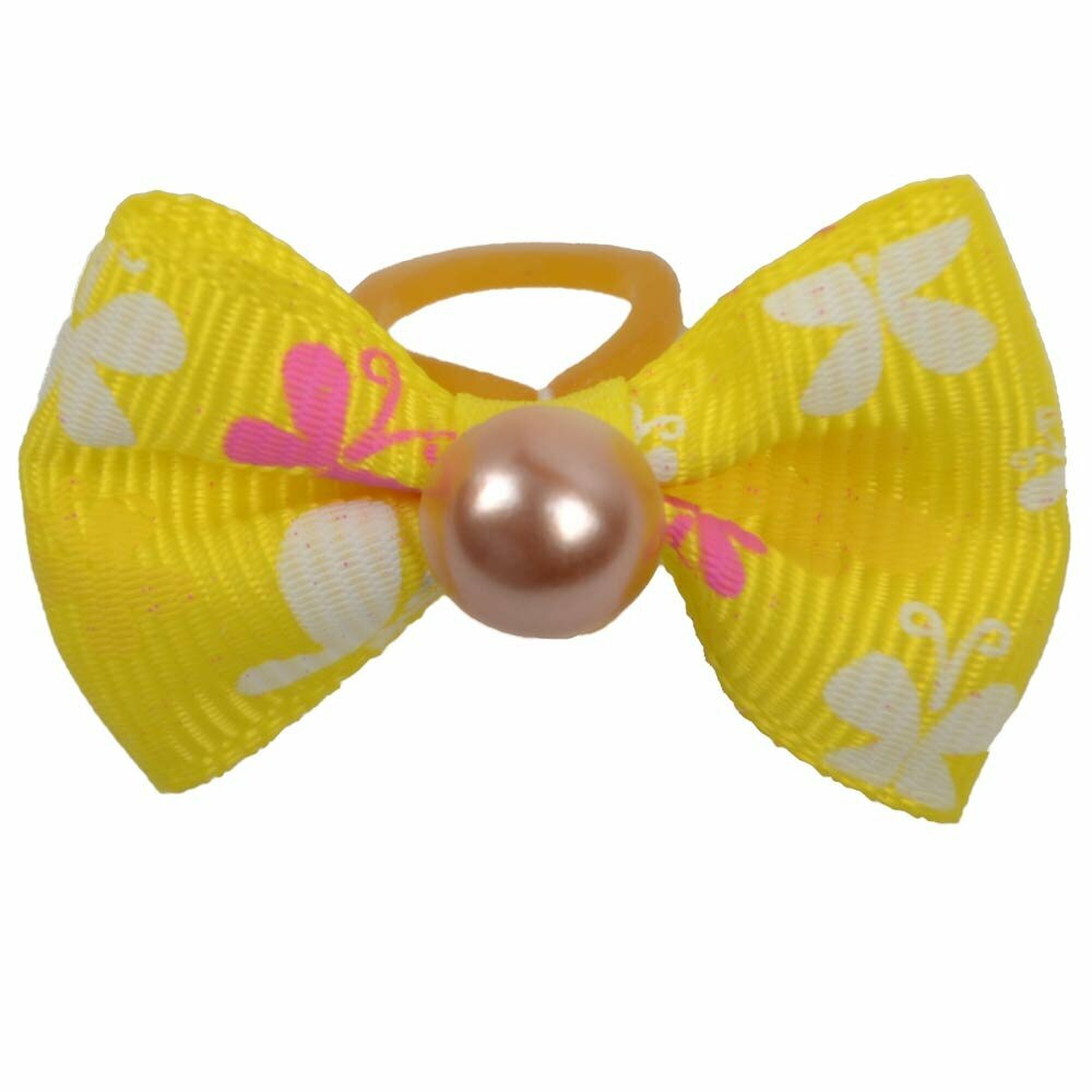 Handmade dog bow yellow with butterflies and a pearl by GogiPet