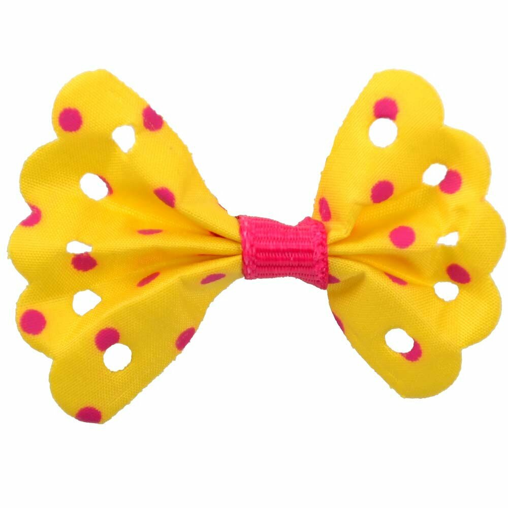 Handmade pet bow yellow with pink polka dots by GogiPet