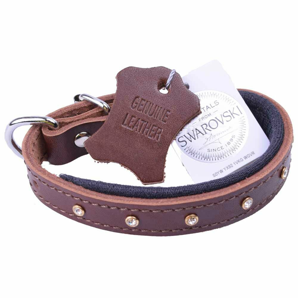 GogiPet® Swarovski leather dog collar brown with soft padding