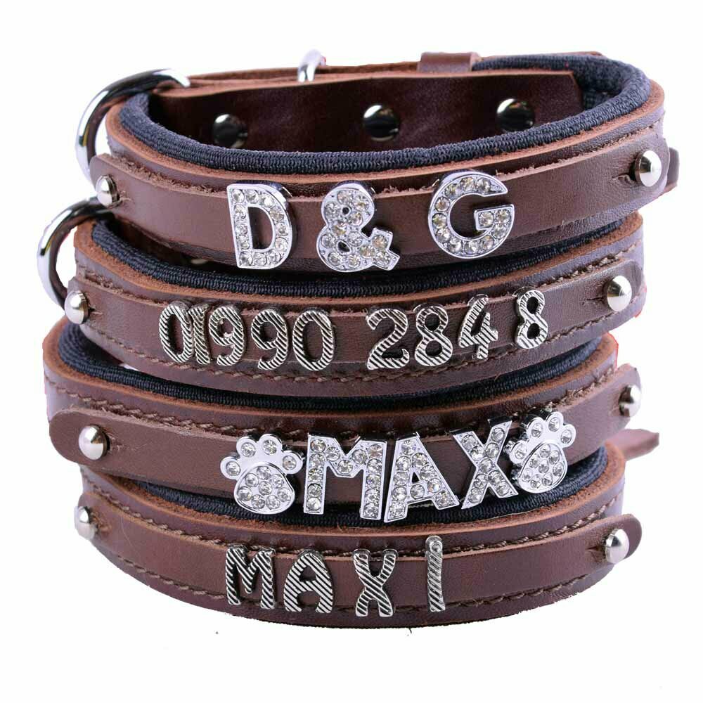 GogiPet® real leather name collar brown with letter adapter