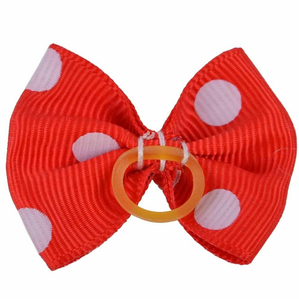 Dog bow with hair tie red with dots by GogiPet