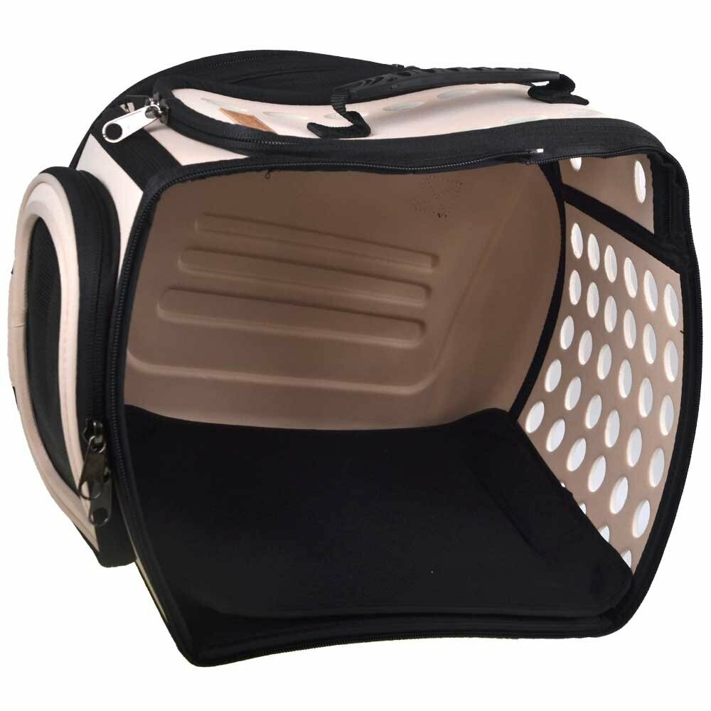 Spacious dog carrier with safety line for collar or chest harness
