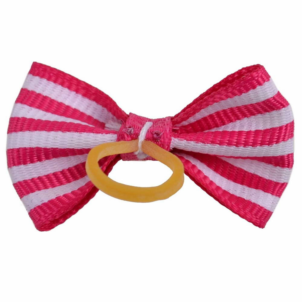 Dog hair bow rubberring Marion dark pink and white sriped by GogiPet
