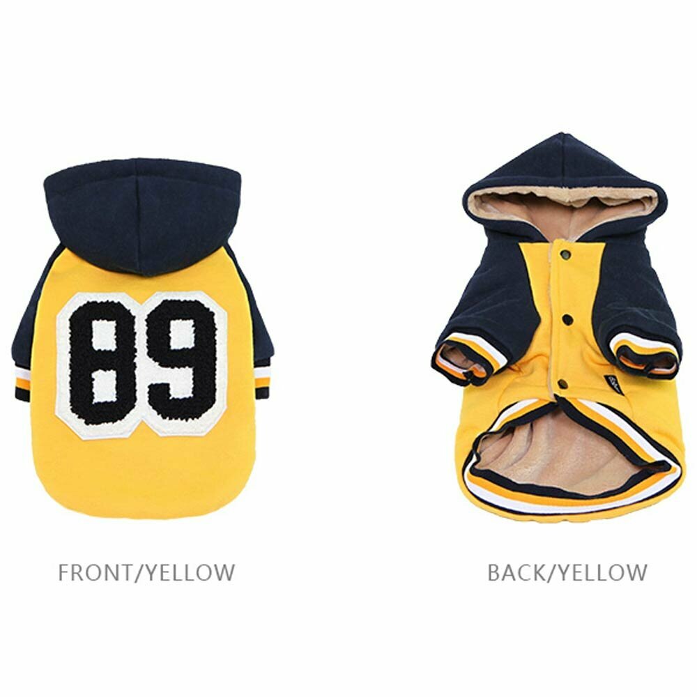 Front view and rear view of the warm dog jacket of GogiPet - yellow dog jacket Baseball 89