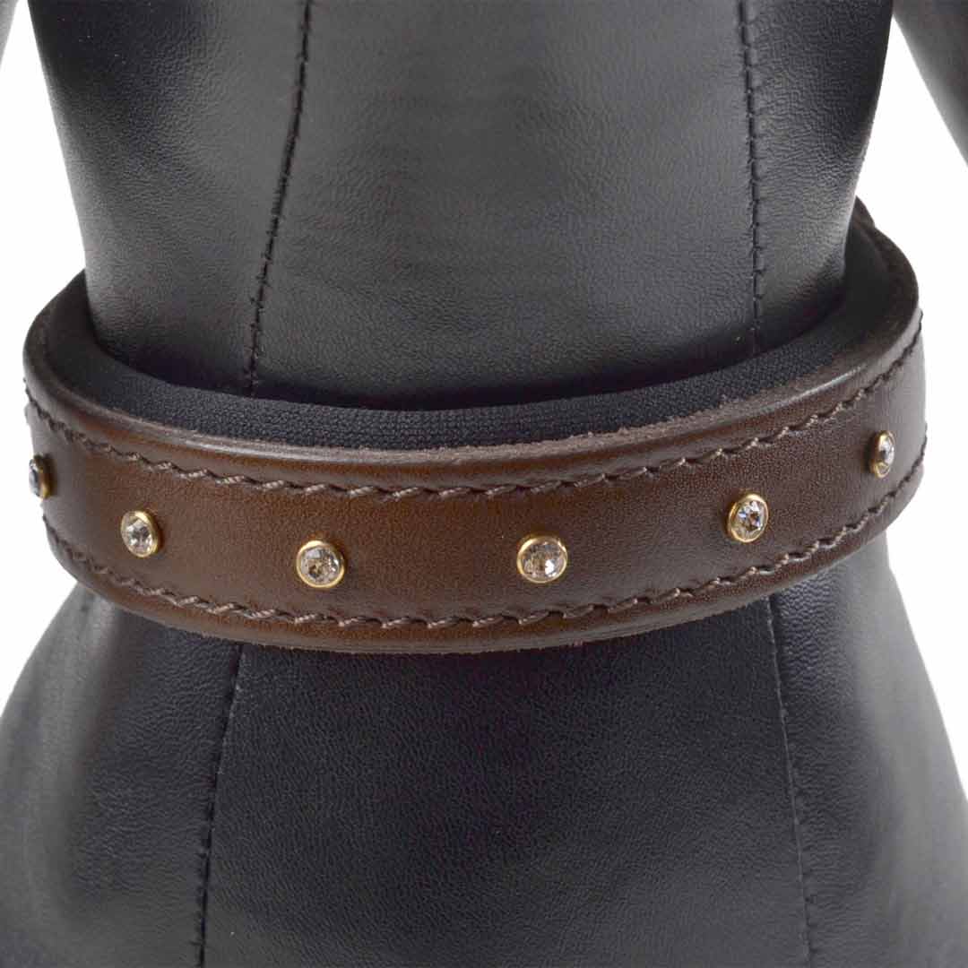 Brown genuine leather dog collar with Swarovski stones