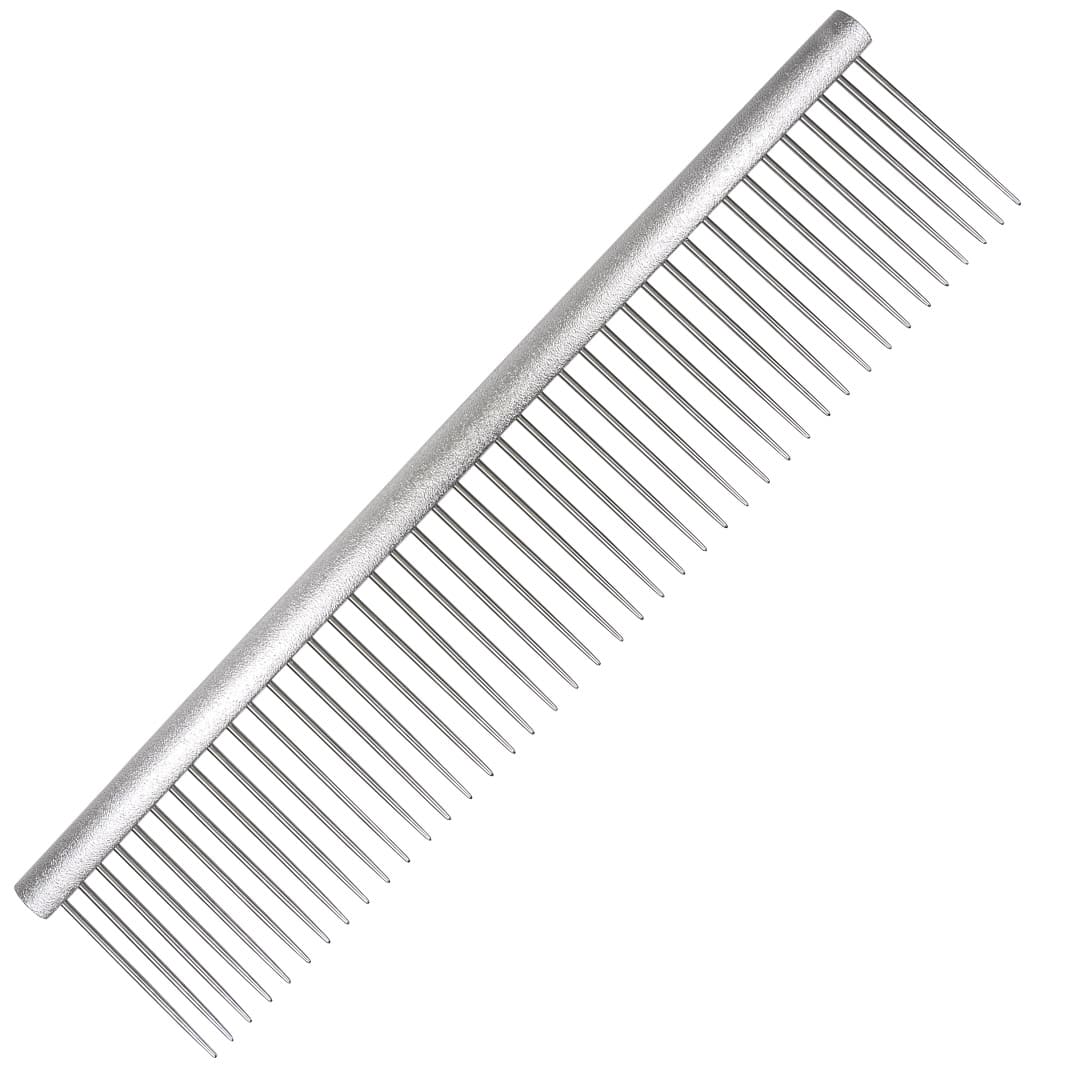 Professional dog grooming comb. Lightweight, curved dog comb made of aluminium and stainless steel.