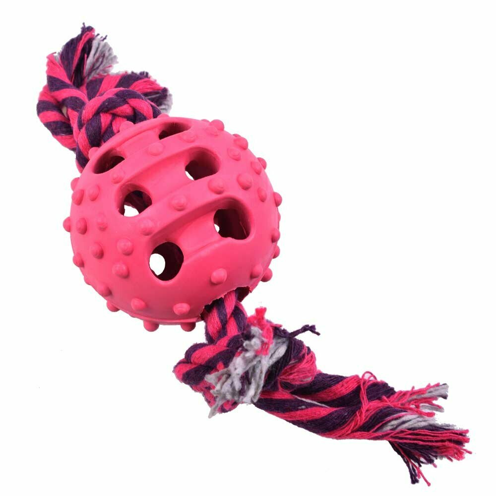 Pink dental rope dog toy an a rubber ball