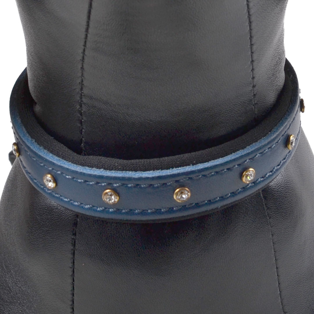 Blue genuine leather dog collar with Swarovski stones