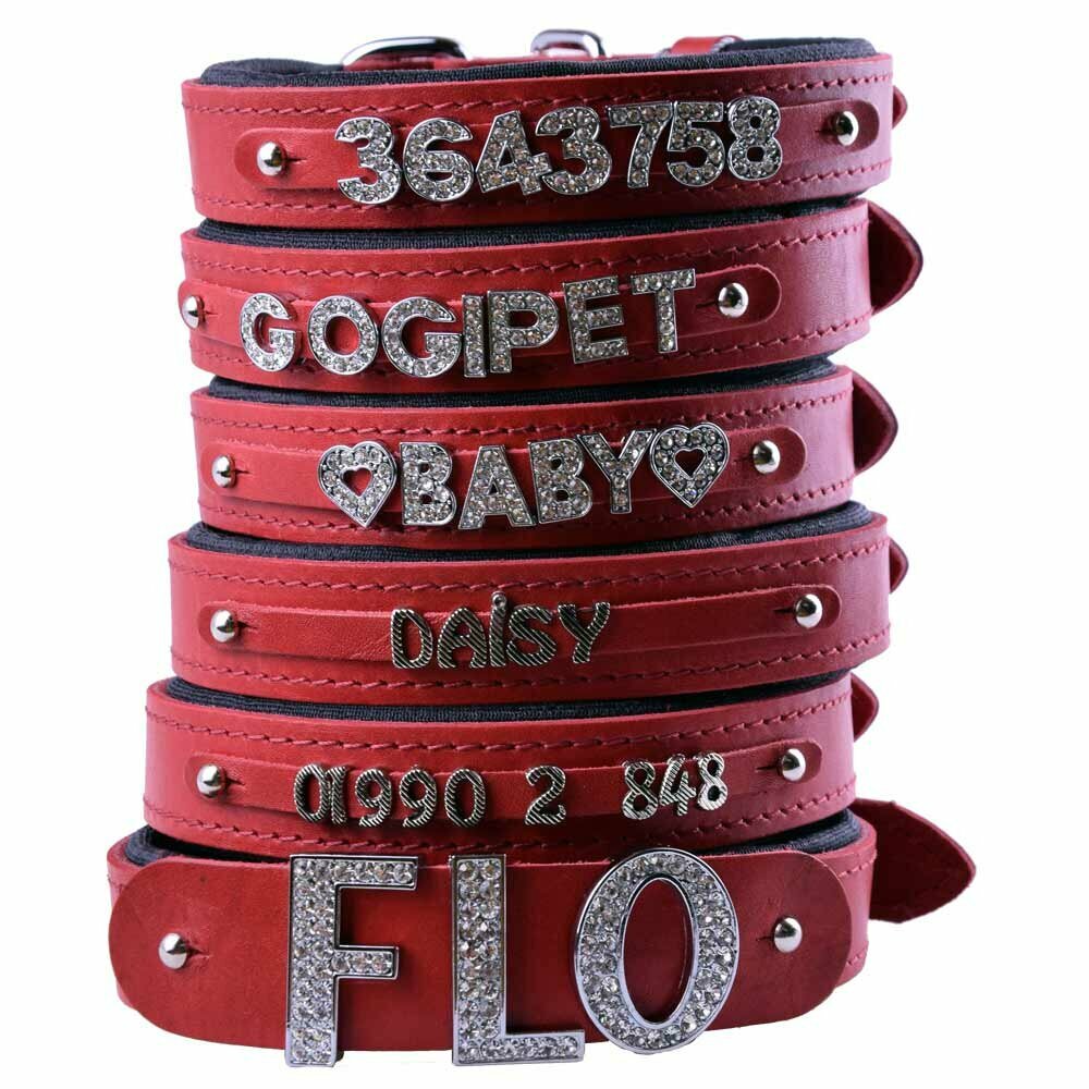 Red leather dog collars for rhinestone letters, numbers and motives with soft lining