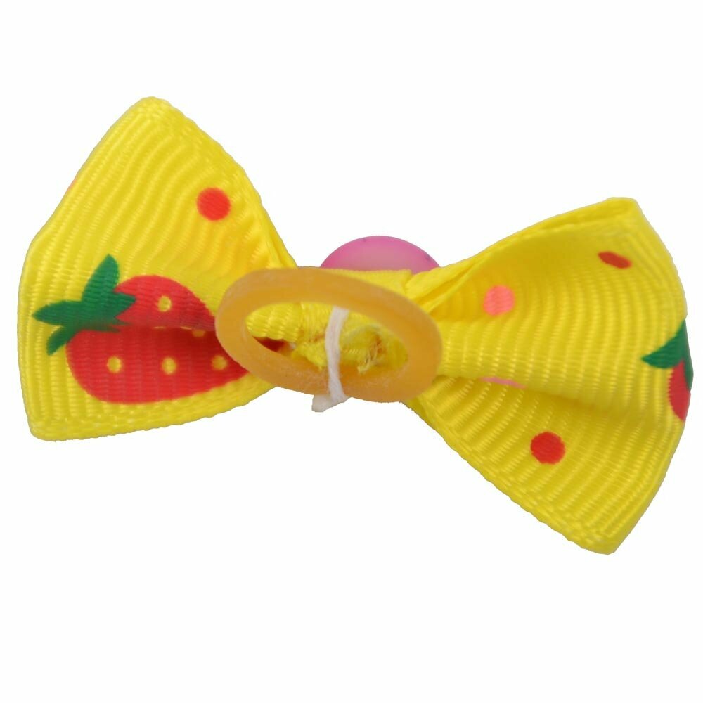 Dog hair bow rubberring yellow - with strawberries and pearl by GogiPet