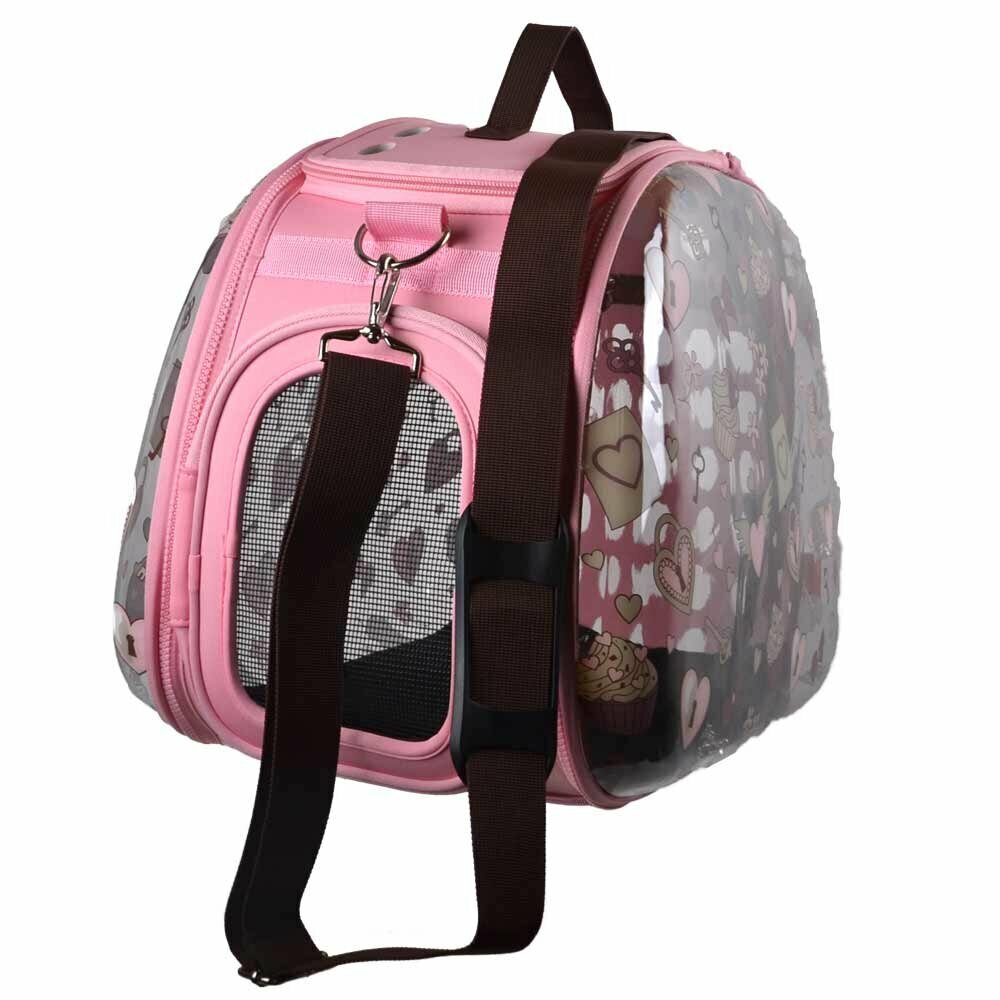 Pink dog carrier with full through-view and shoulder strap