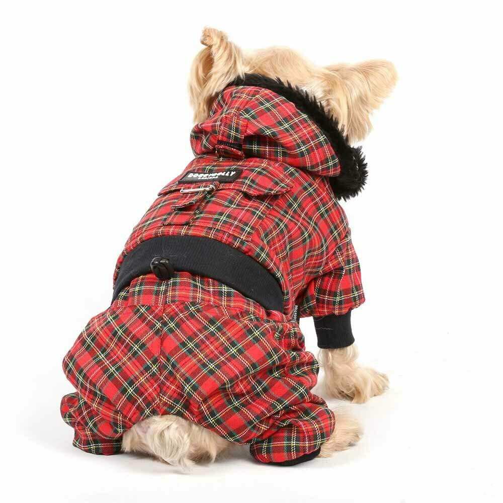 Warm dog clothes with 4 legs - red plaid dog coat