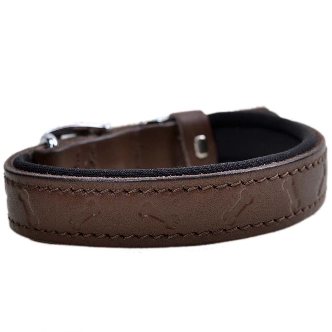 GogiPet 3D comfort leather dog collar brown with bone
