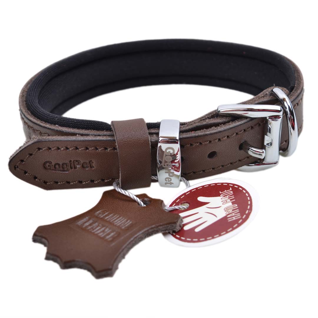 High quality handmade genuine leather dog collar with soft padding from GogiPet
