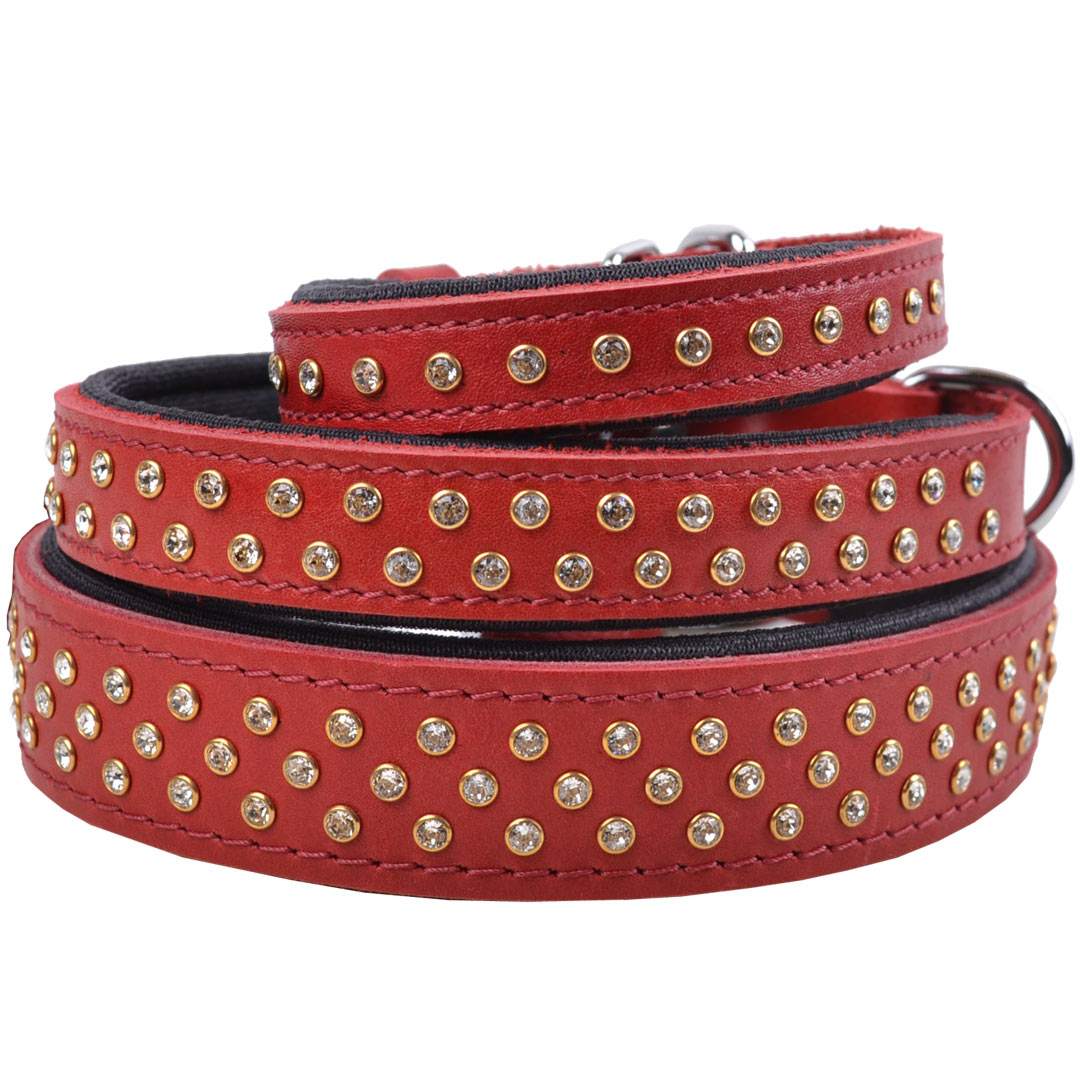 Handmade Swarovski luxury leather dog collar red