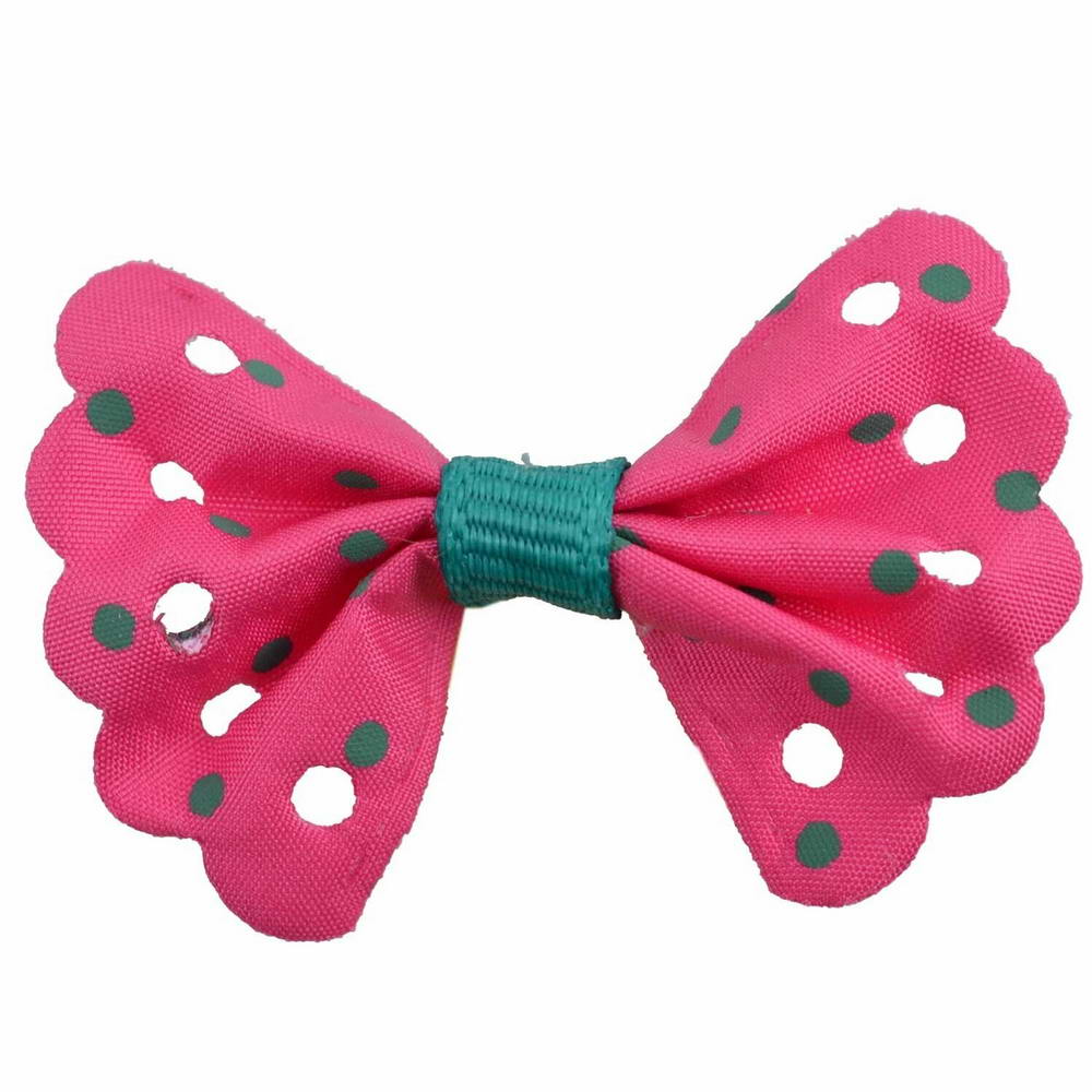 Handmade pet bow pink with green polka dots by GogiPet