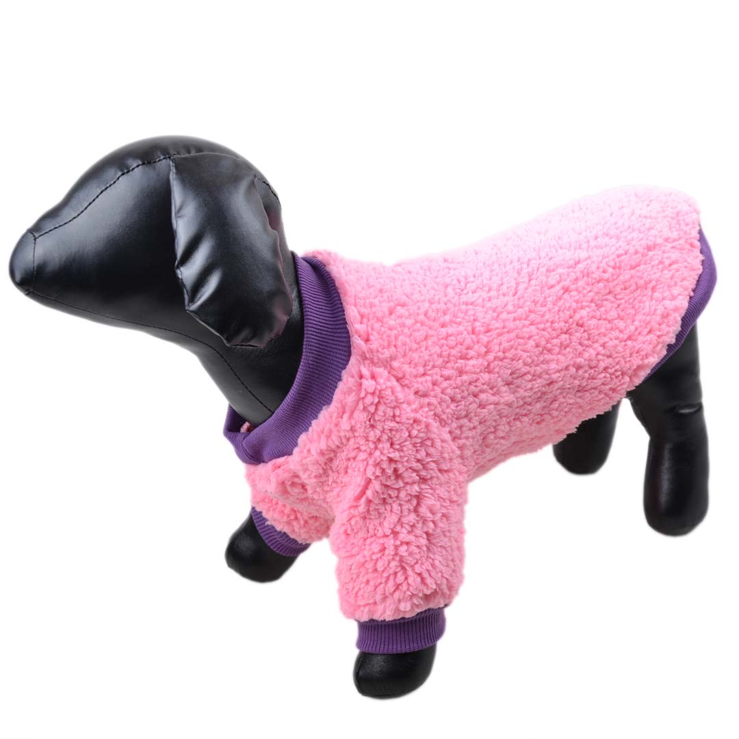 Warm pink dog pullover made from fluffy sherpa fleece