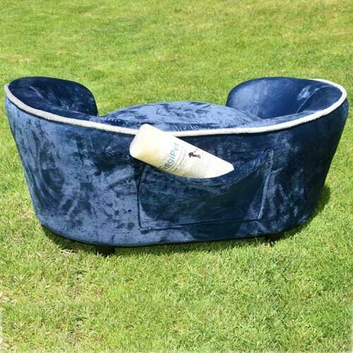 Blue dog sofa with storage bag for dog accessories and toys