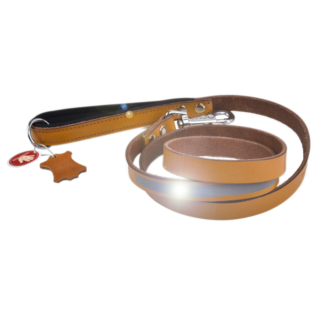 GogiPet® reflector leather dog leash camel