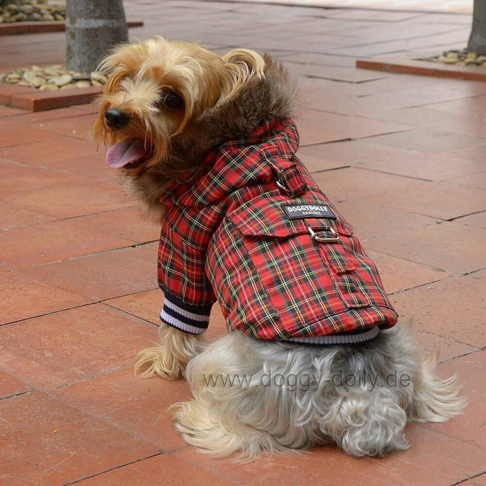 Red checked dog coat of DoggyDolly W128 - the warm dog clothing for modern dogs
