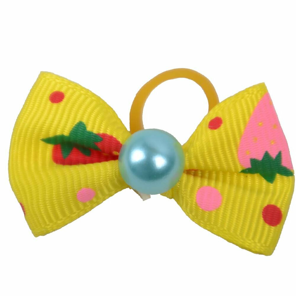 Handmade dog bow yellow with strawberries and pearl by GogiPet
