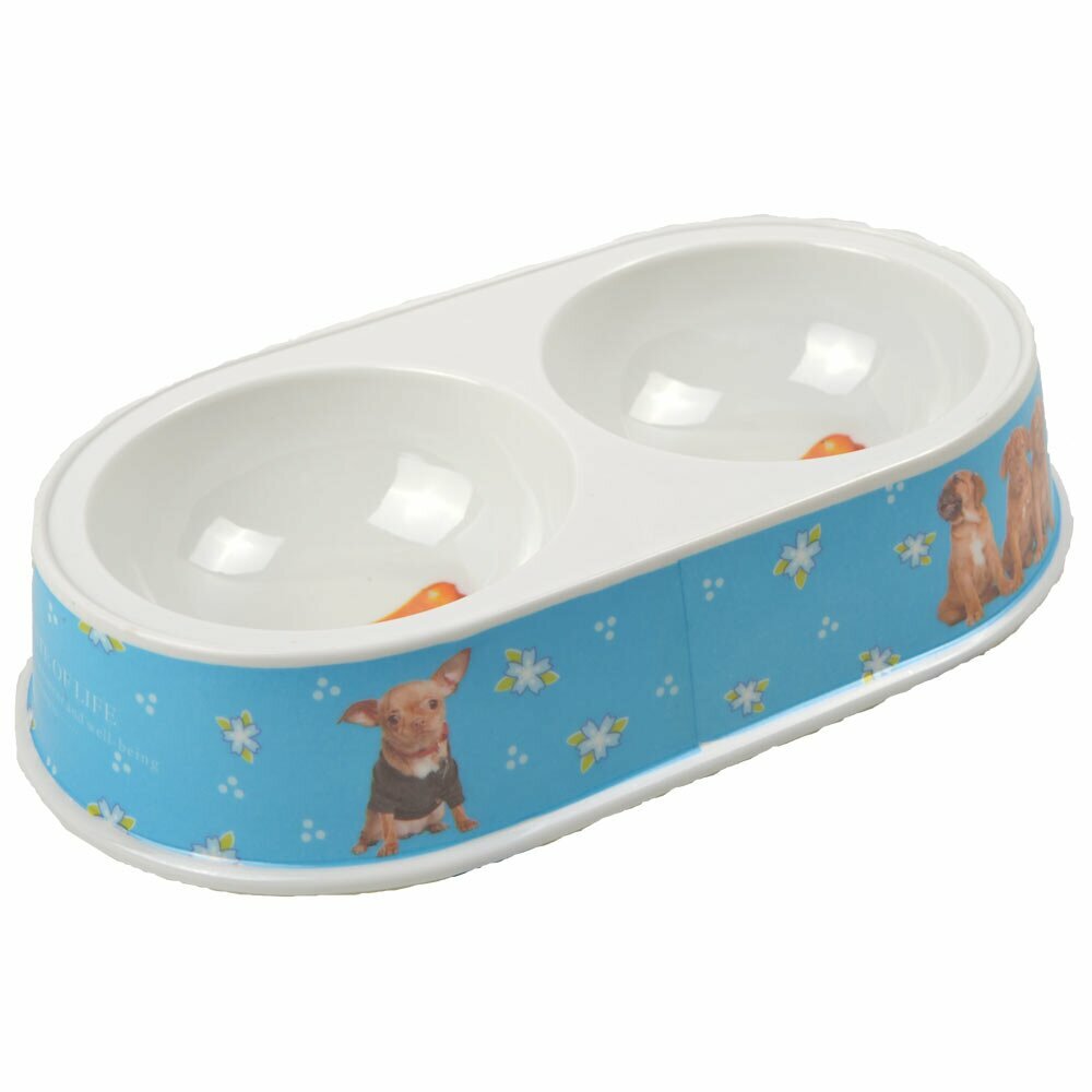 Double pet bowl 2 x 200 ml blue with puppies