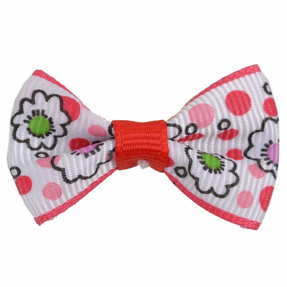 Handmade dog bow red- white with flowers by GogiPet