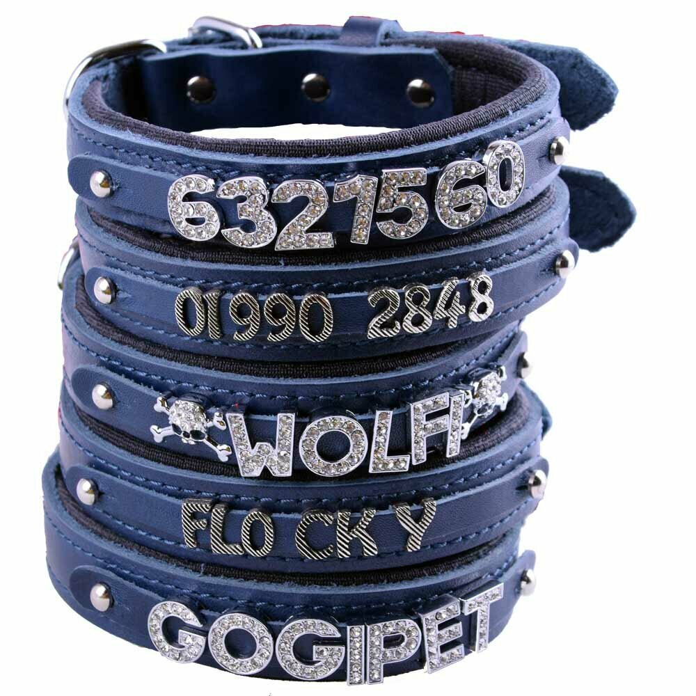 Blue genuine leather dog collars to design yourself with letters and numbers as name collars