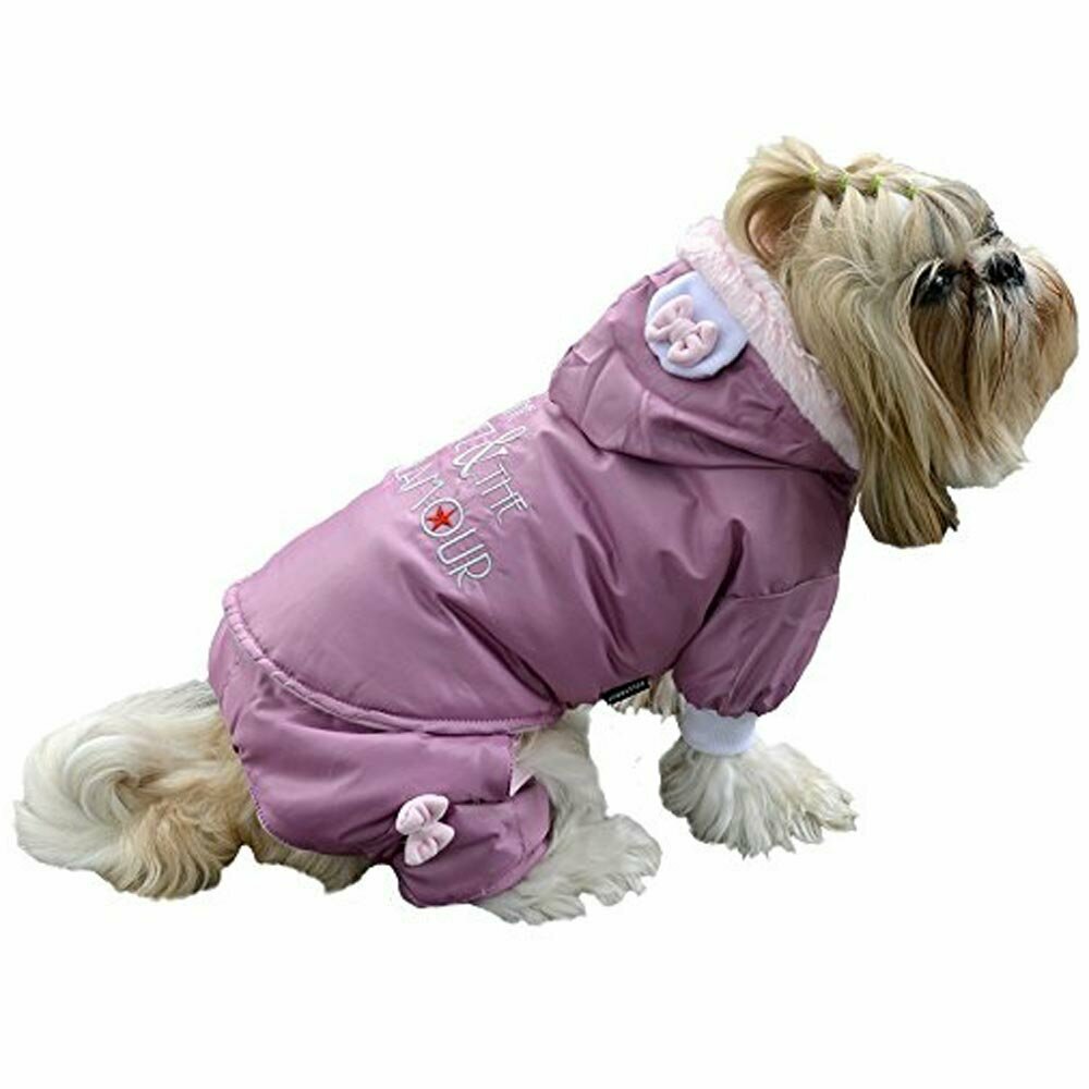 Fuchsia dog anorak with detachable hood and removable trousers