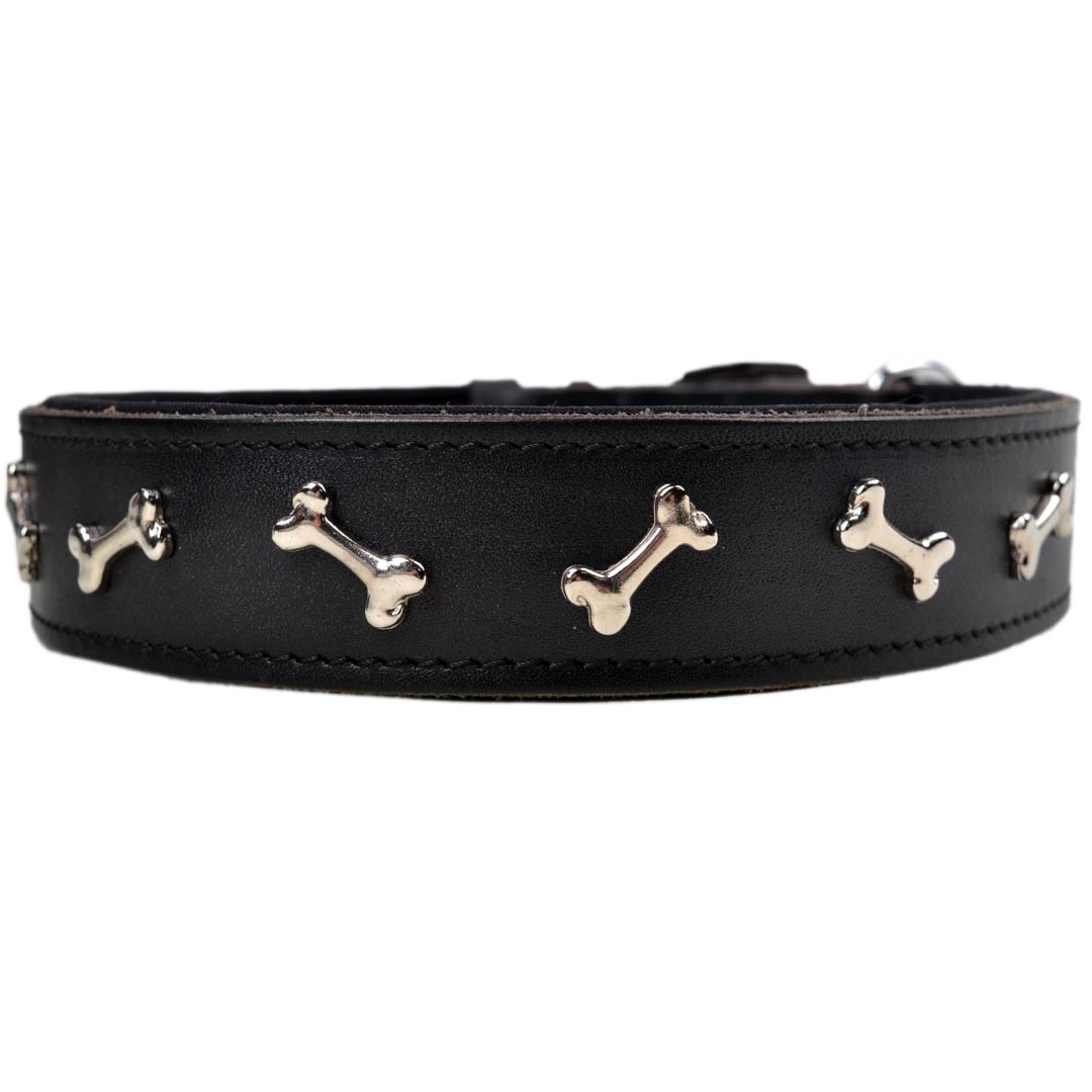 GogiPet bone decor comfort leather dog collar black