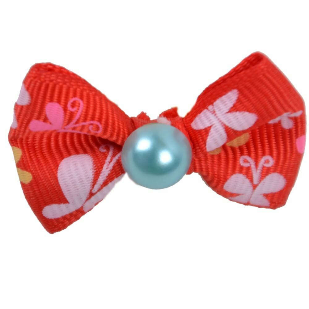 Dog hair bow rubberring red - with a butterfly and a pearl by GogiPet