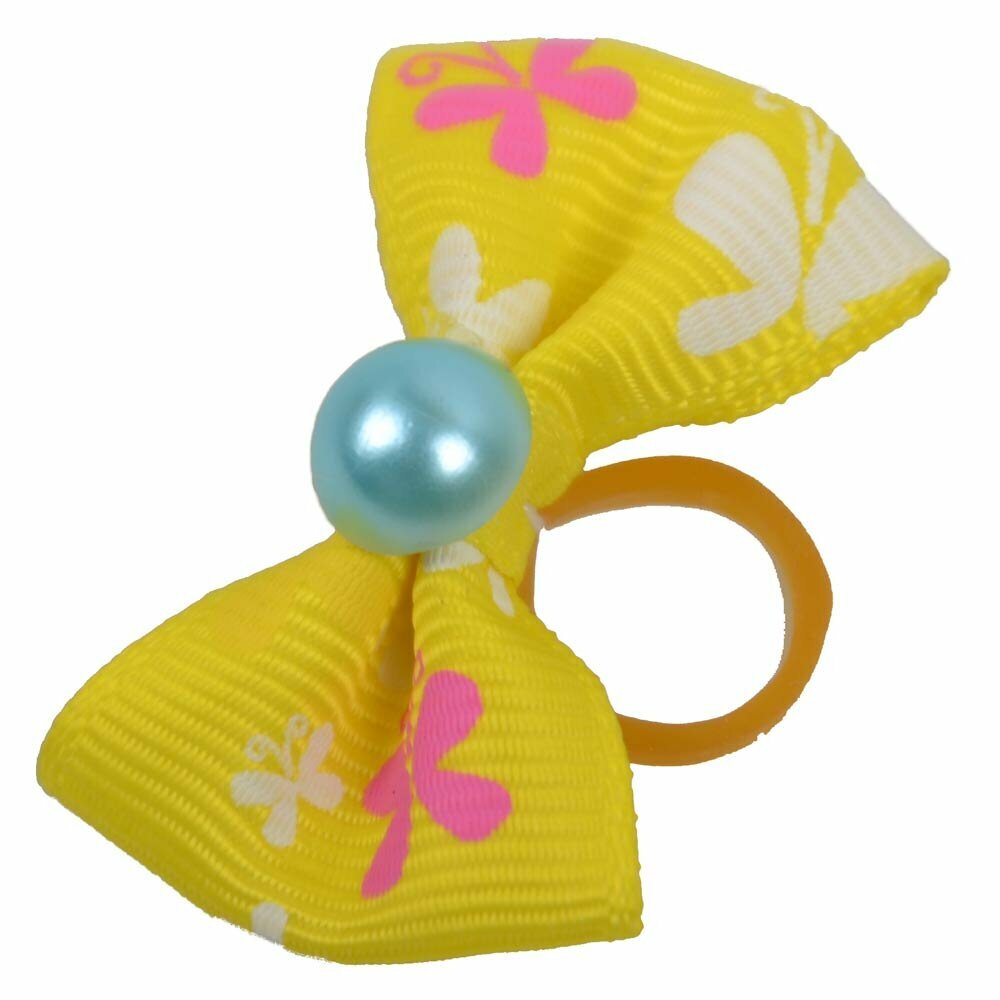 Dog hair bow rubberring yellow - with a butterfly and a pearl by GogiPet