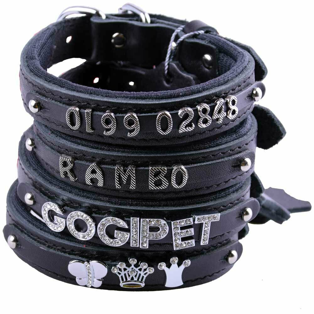 Black genuine leather dog collars to design yourself with letters and numbers as name collars
