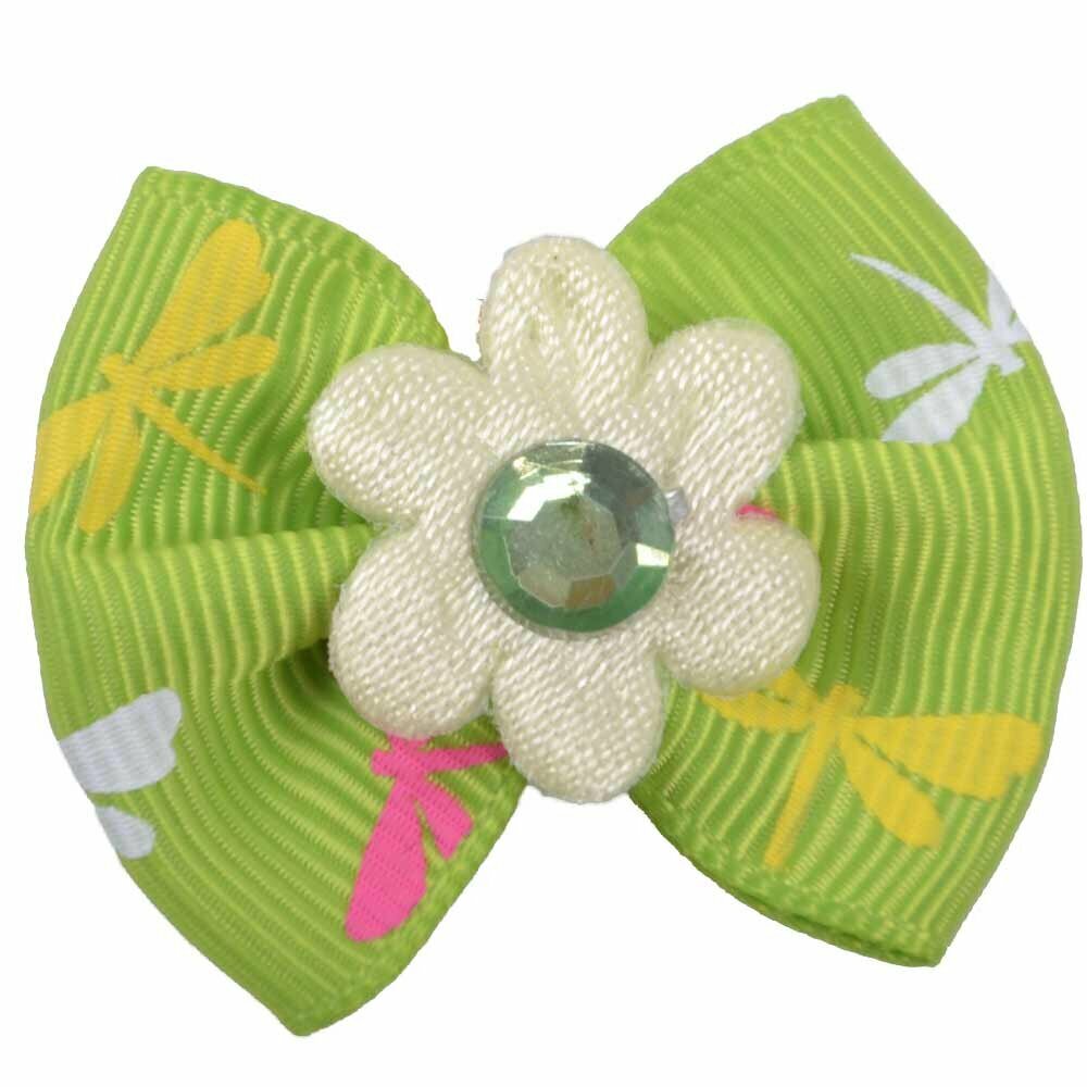 Handmade dog bow green with stone flower and dragonfly by GogiPet