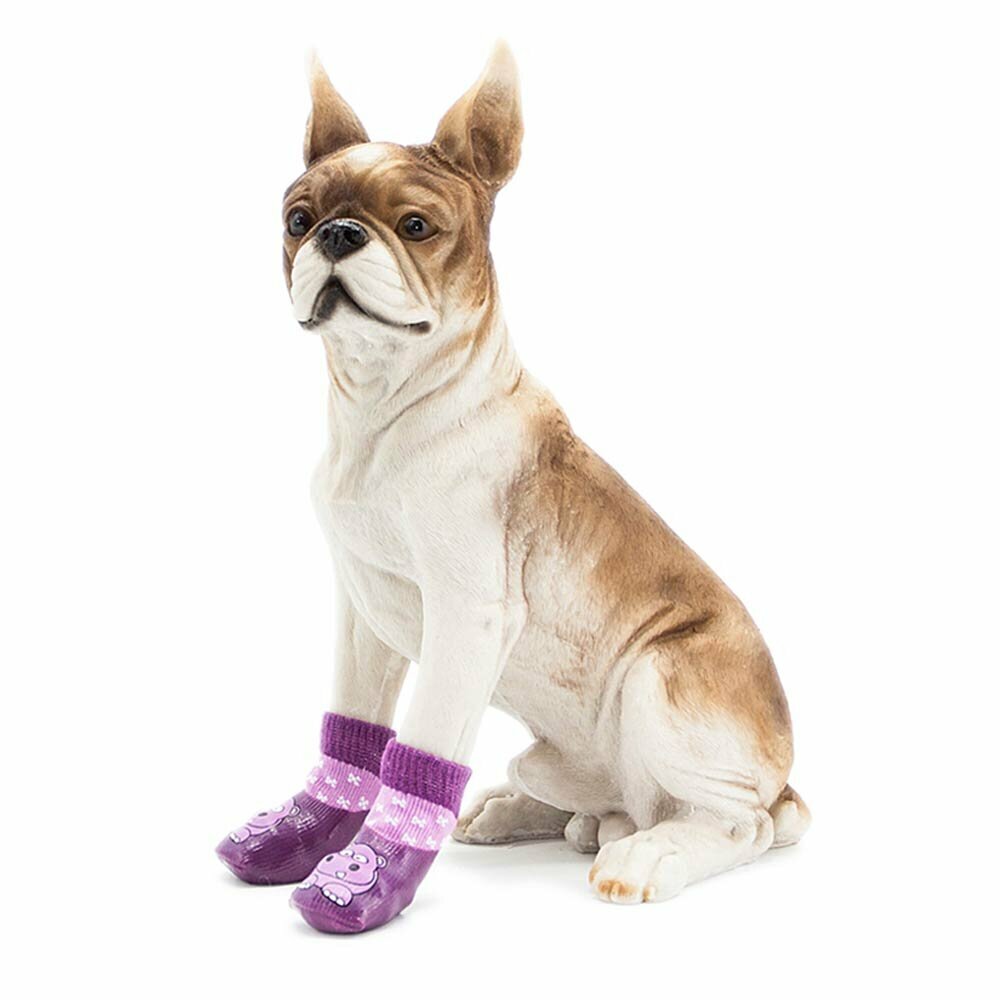 Dog socks with rubber dog boots purple hippo