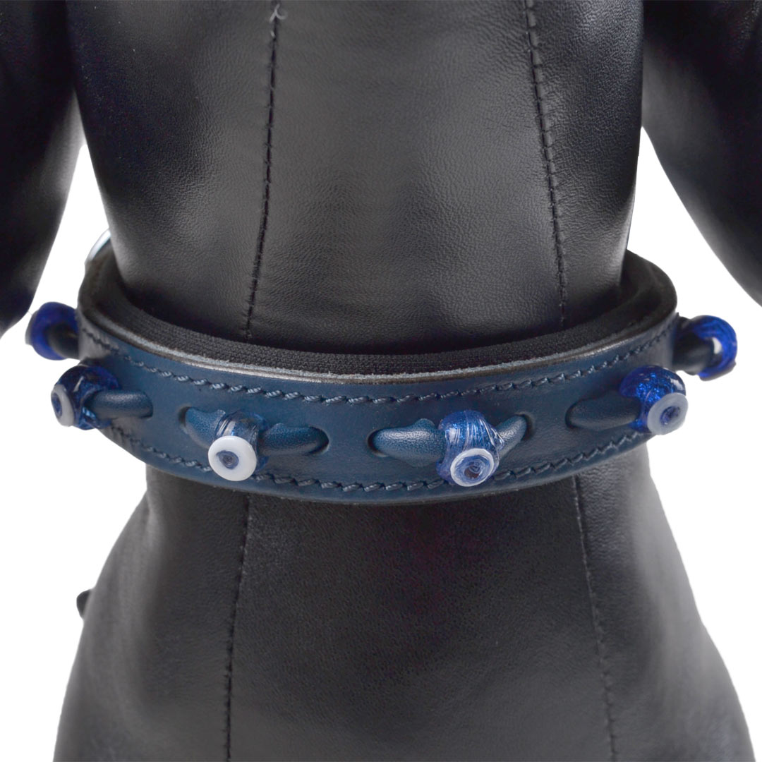 Blue leather dog collar with Nazar eyes. Handmade genuine leather dog collar