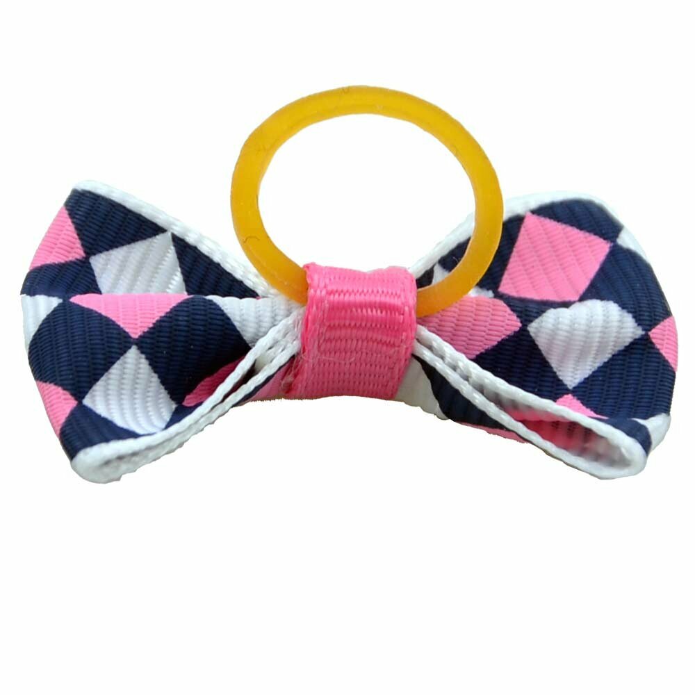 Dog bow with rubber ring - pink blue checkered by GogiPet