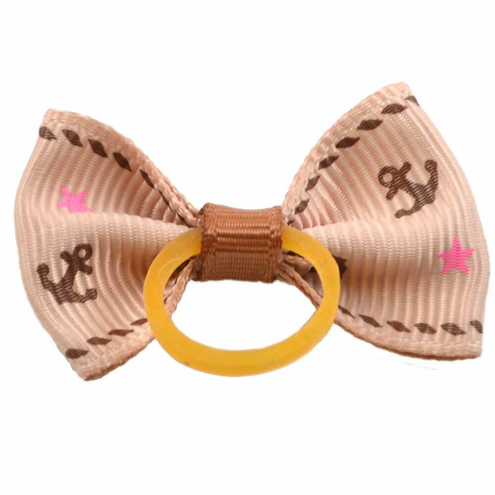 Dog hair bow rubberring khaki brown with anchors and stars by GogiPet